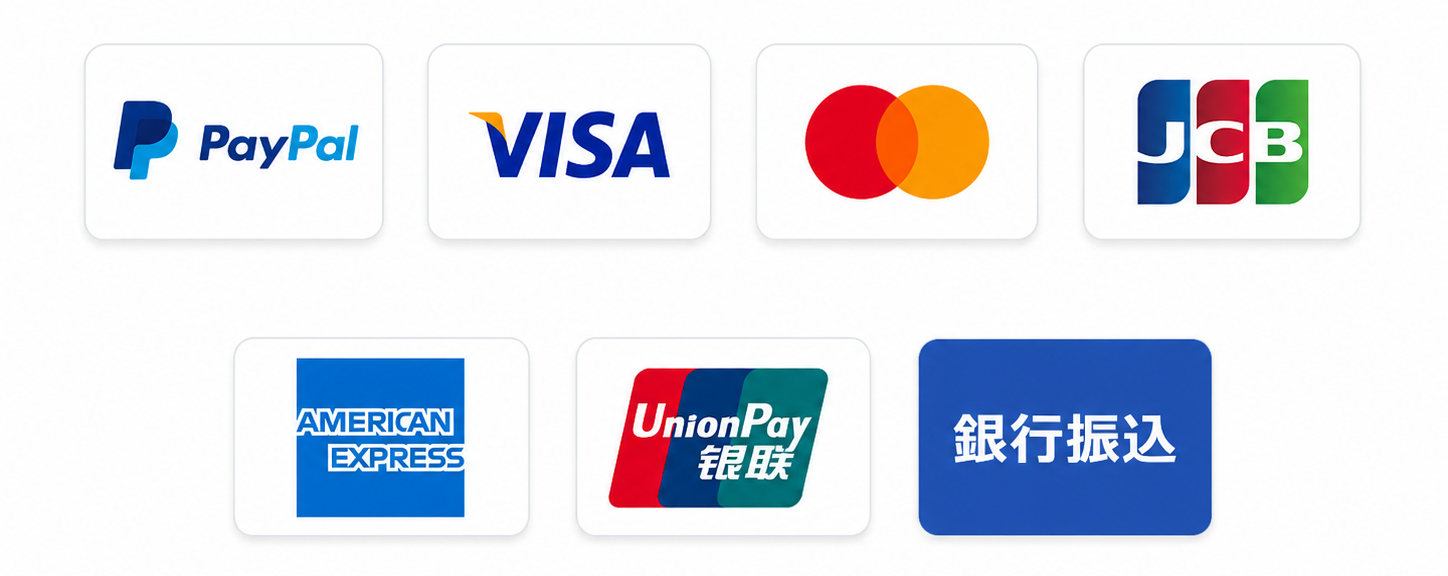 PayPal・VISA・Mastercard・JCB・American Express・UnionPay・銀行振込